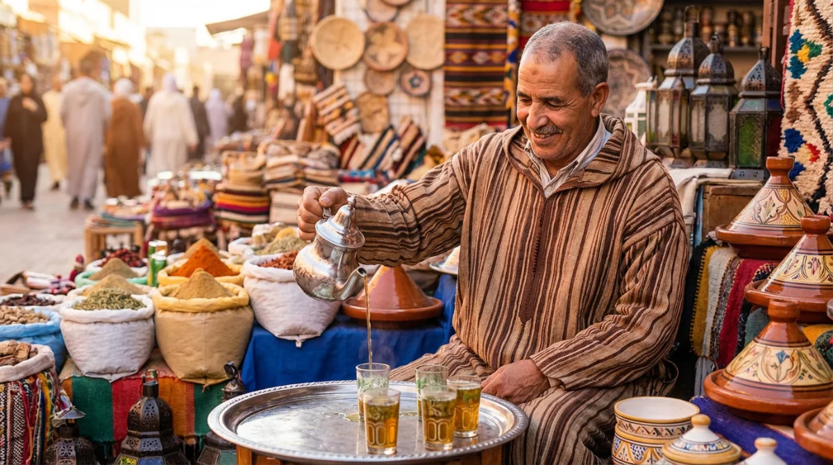 Café marocain avec tasses de thé à la menthe et mots en arabe