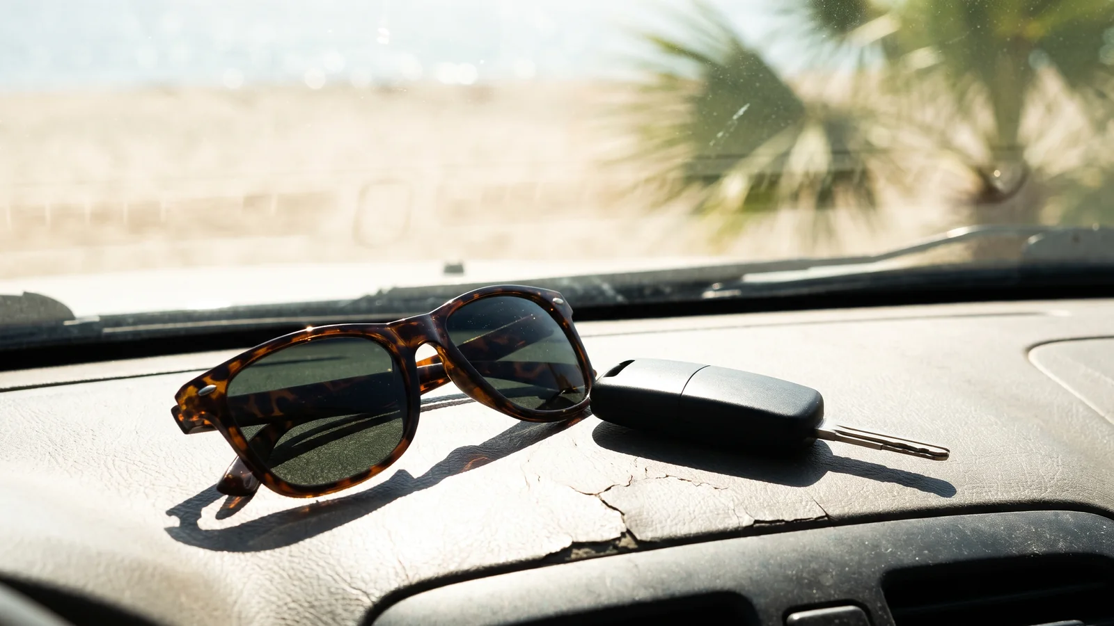 Lunettes de soleil et clé de voiture sur un tableau de bord en plein soleil d'été