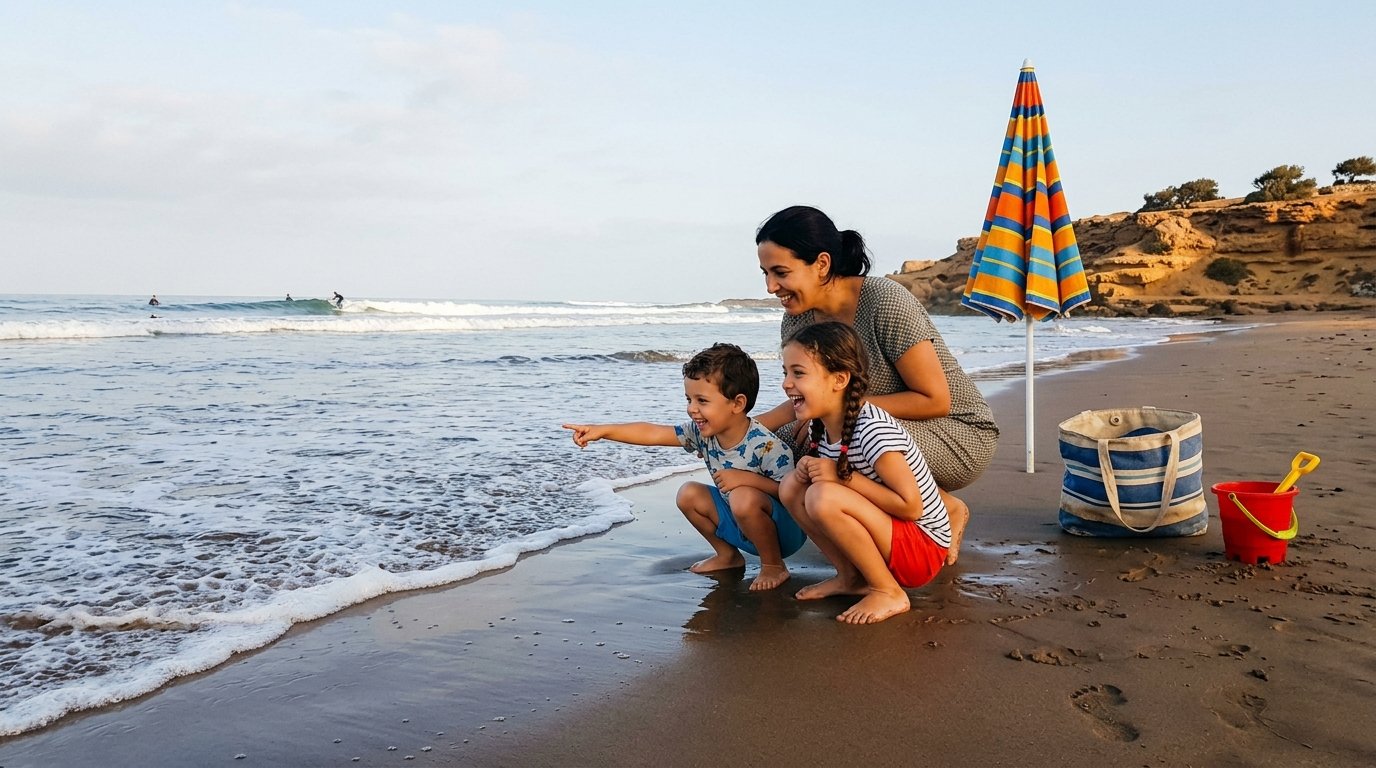 Mère et deux enfants au bord de l'eau sur une plage au nord d'Agadir, parasol rayé, surfeurs au loin