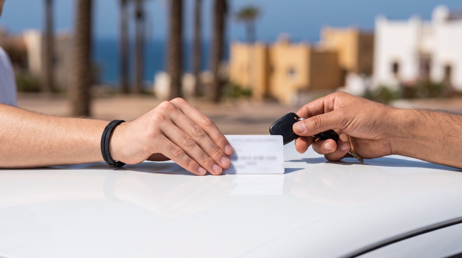 Clés de voiture posées sur un contrat de location, comptoir de loueur à Agadir