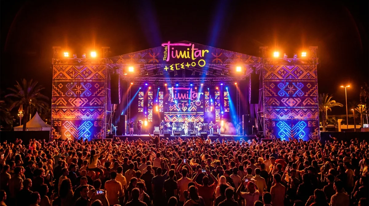 Scène du festival Timitar à Agadir, foule et lumières de concert