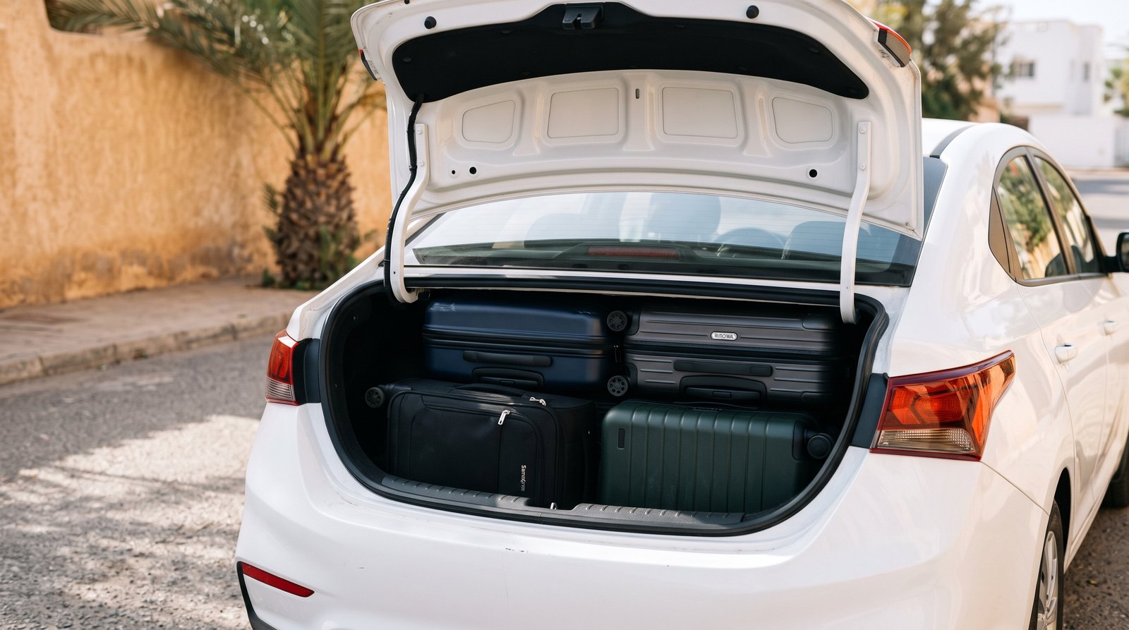 Open kofferbak van een witte Hyundai Accent met twee grote koffers en twee handbagagekoffers, in een straat in Agadir