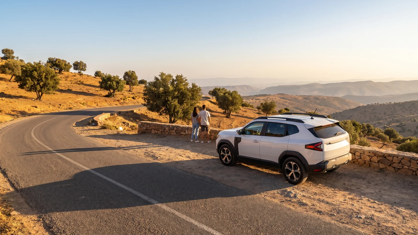SUV blanc de la flotte GadiWaze à un point de vue sur une route de l'Anti-Atlas, près d'Agadir