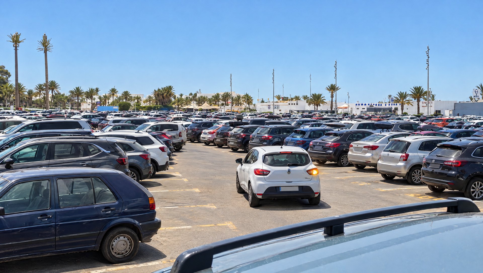 Agadir beachfront car park completely full in high season, a white city car looking for a space, palm trees and white buildings in the background