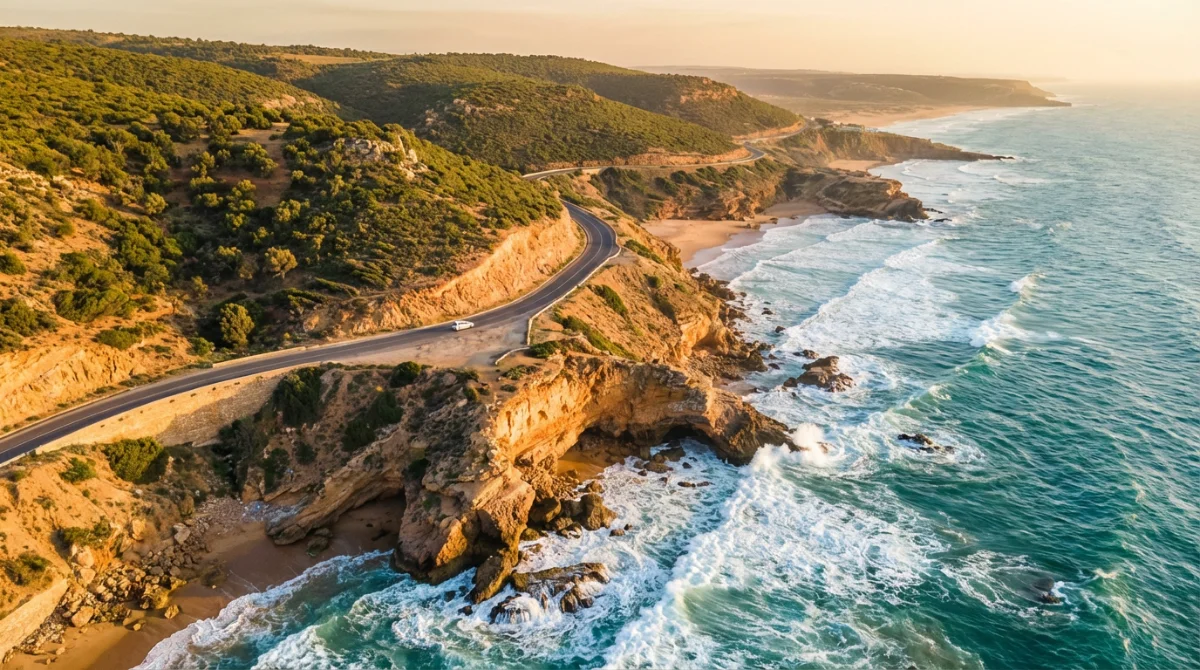 Route côtière entre Agadir et Essaouira, falaises atlantiques au coucher du soleil