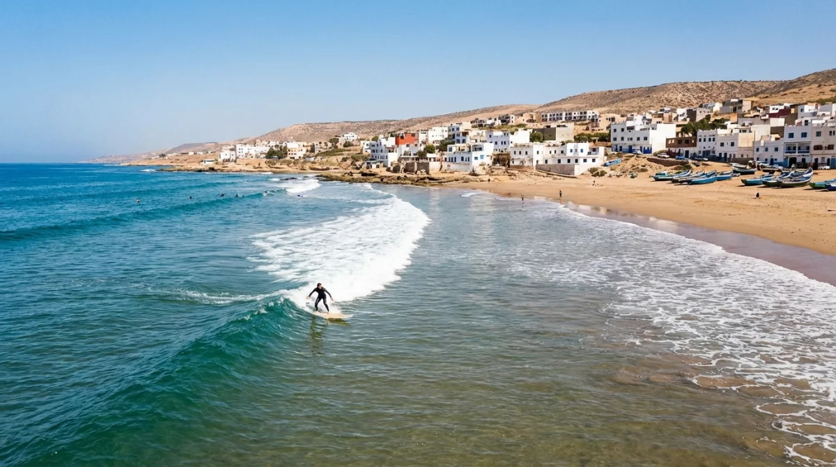 Village de Taghazout avec ses maisons blanches et bleues surplombant l'océan atlantique