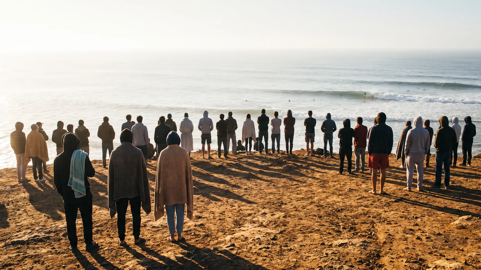 Toeschouwers op de klif boven een surfspot in de baai van Taghazout bij zonsopgang