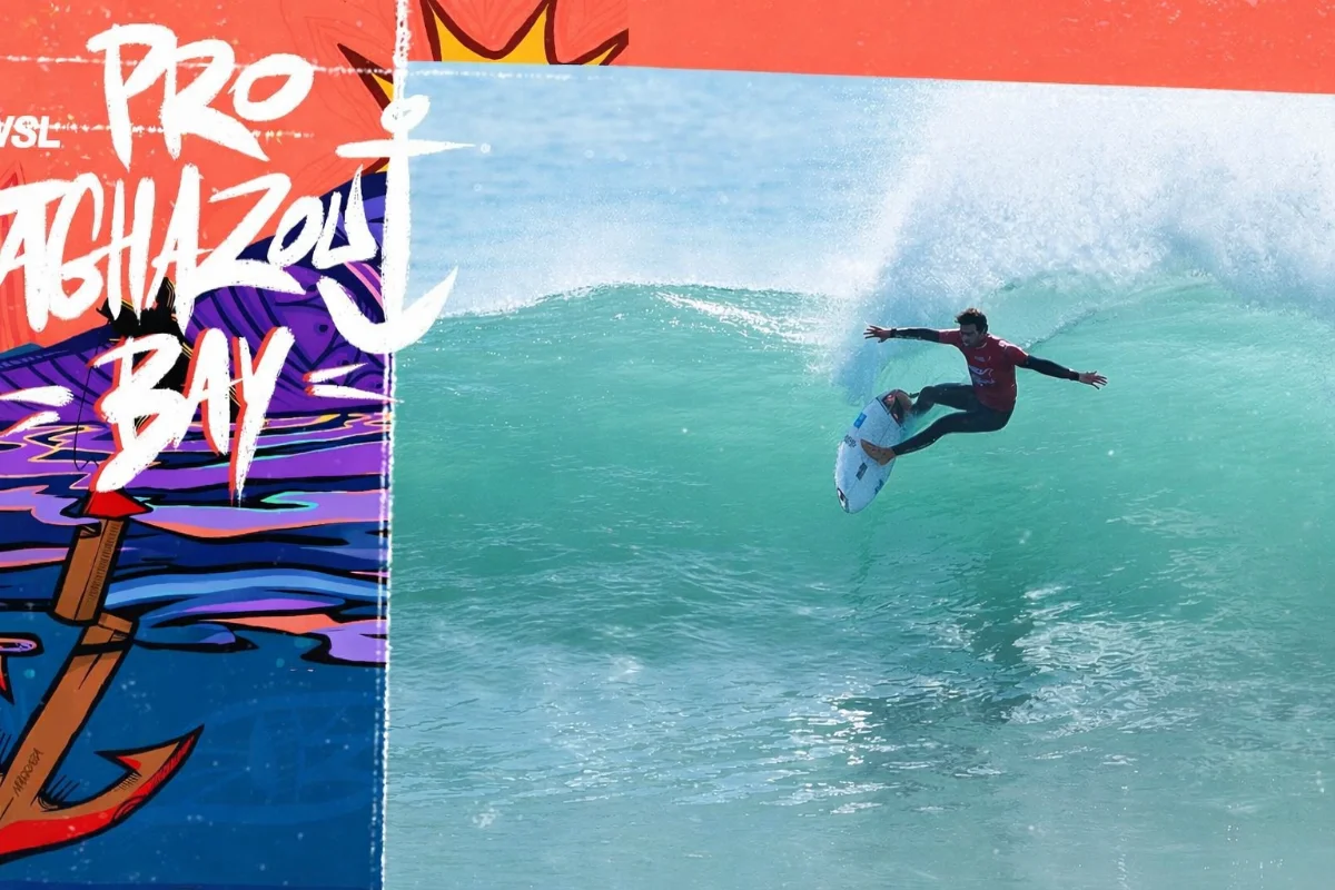 Compétition de surf WSL Pro Taghazout Bay 2026 sur la plage d'Anza près d'Agadir