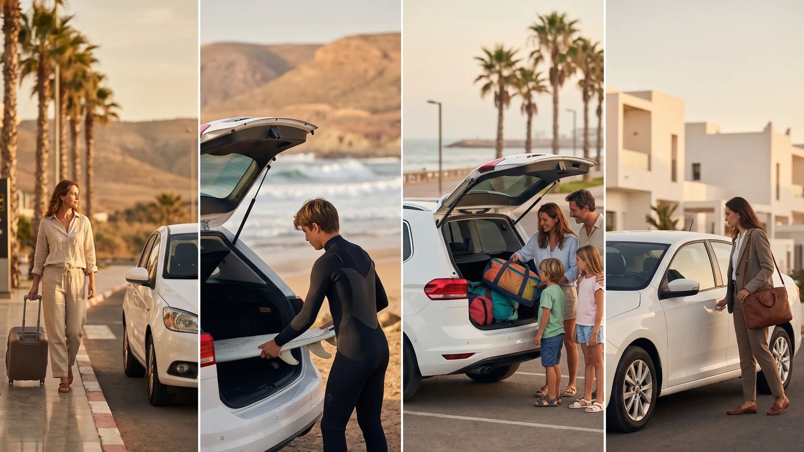 Quatre voyageurs récupèrent leur voiture de location à Agadir : arrivée à l'aéroport, surfeur à Taghazout, famille en vacances et déplacement professionnel